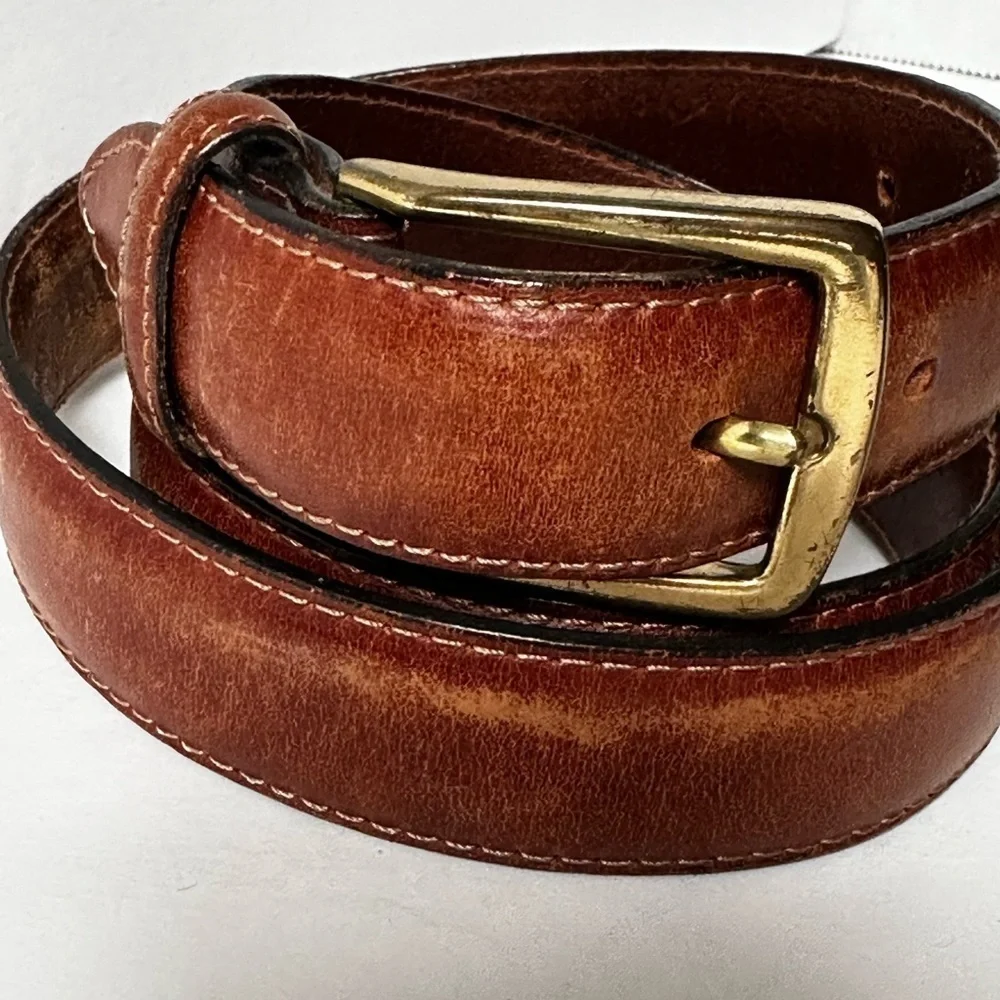 Tommy Hilfiger Brown Leather Belt Men’s 35-37 Brass Tone buckle Work Casual
